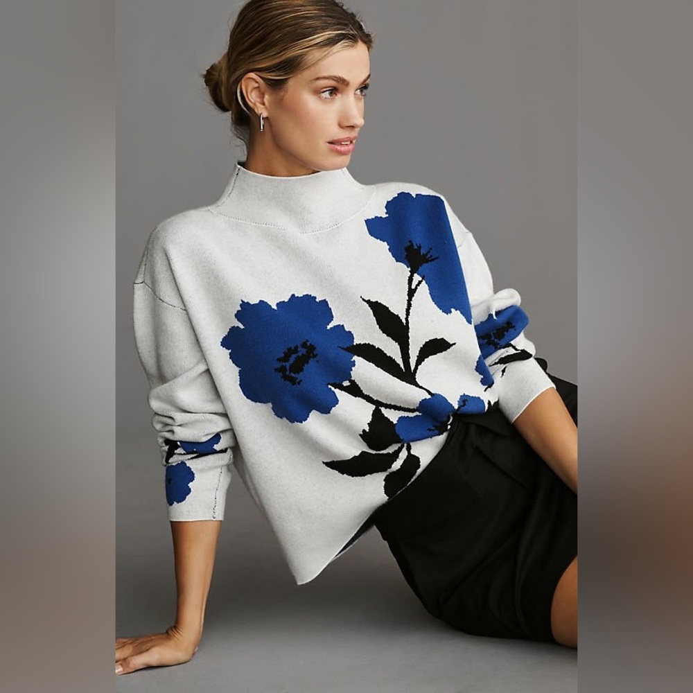Anthropologie Maeve Womens XL The Carys Mock Neck Floral Sweater Blue White BLK